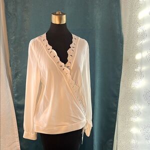 Sezanne Elegant White Lace Trim Wrap Top